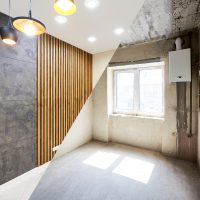 New kitchen before renovation works and after, creative combination of black wallpaper and wood planks on wall, shiny tiles on the floor and different modern chandeliers hanging from ceiling